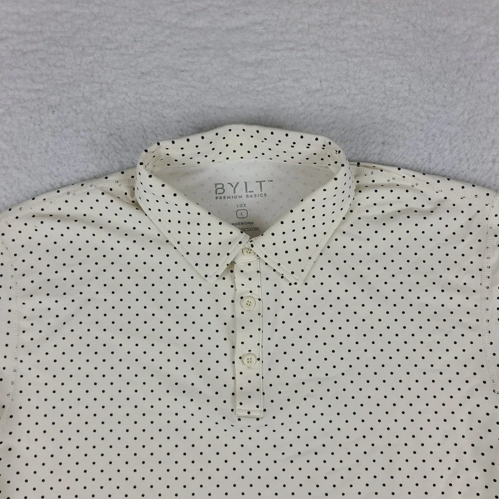 BYLT Premium Basics Lux Polo Shirt Mens Large Beige Black Polka Dot Performance